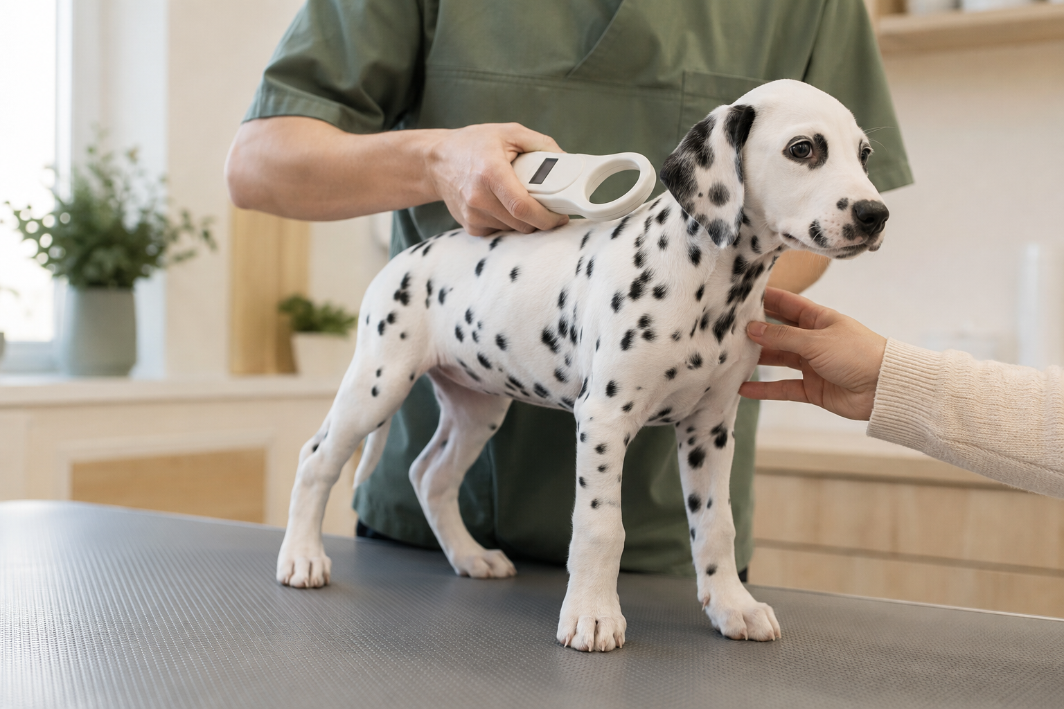 Veterinář kontroluje mikročip psa čtečkou